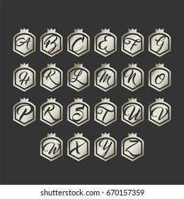 Golden luxury alphabet letters, A to Z letters in shield.