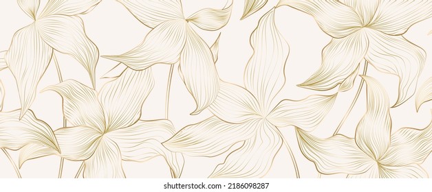 Golden luxury art background with tropical flowers and leaves in line style. Botanical banner with exotic plants for wallpaper, decor, print, textile, design.