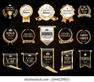 Golden luxury award labels and badges gold premium quality certificate ribbons vector illustration