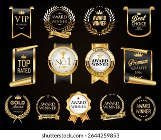 Golden luxury award labels and badges gold premium quality certificate ribbons vector illustration
