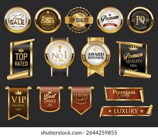 Golden luxury award labels and badges gold premium quality certificate ribbons vector illustration