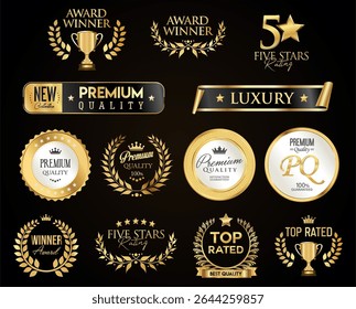 Golden luxury award labels and badges gold premium quality certificate ribbons vector illustration