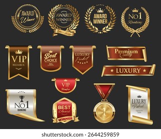 Golden luxury award labels and badges gold premium quality certificate ribbons vector illustration