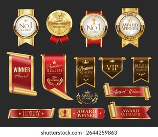 Golden luxury award labels and badges gold premium quality certificate ribbons vector illustration