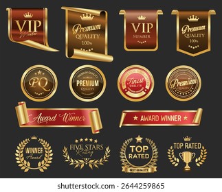 Golden luxury award labels and badges gold premium quality certificate ribbons vector illustration