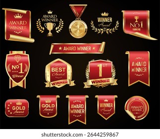 Golden luxury award labels and badges gold premium quality certificate ribbons vector illustration