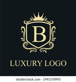 Golden Luxury B Initial Letter Logo Design Template with Shield and Floral Vintage Ornament for Royalty, Wedding, Restaurant, Salon, Boutique, Cafe, Hotel, Heraldic, Jewelry, Fashion Business Brand