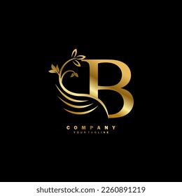 golden luxury B letter logo with beautiful floral and feather ornament. feather logo. B typography, B monogram. Suitable for business logos, brands, companies, boutiques, beauty logo