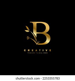 golden luxury B logo design with beautiful floral and leaf ornament decoration. initial B letter logo. monogram B typography. suitable for logos of business, company,boutique,restaurant,brand,etc