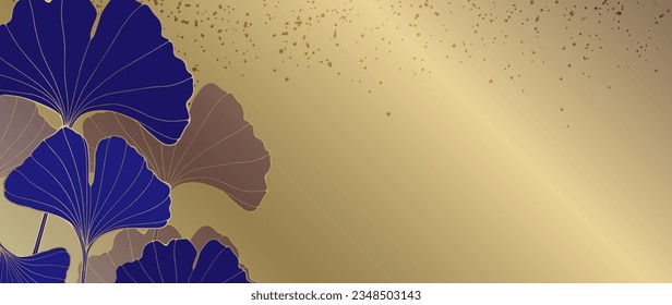 Golden luxury background with blue leaves of ginkgo biloba. Botanical background for decor, covers, postcards and presentations.