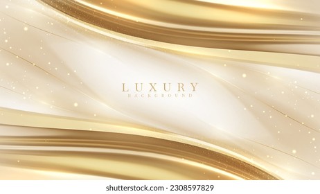 Golden luxury background with cream empty space and shiny curves and bokeh effect decoration. Vector illustration.