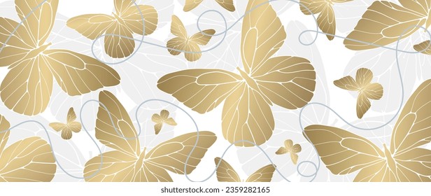 Golden luxury background with delicate butterflies. Background for decor, wallpaper, covers, cards and presentations, posts on social networks.