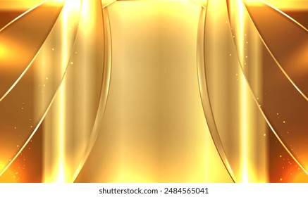 Golden luxury background with radiant lines and sparkling lights. Gold metallic stage scene. 3d Gold metallic frame. Perfect for High-End Events, Branding, Elegant Invitations. Premium Vector EPS10.