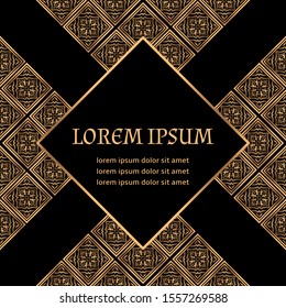 Golden luxury background vector. Arabesque tile royal pattern card template. Filigree design for Christmas beauty spa flyer, New year party invitation, wedding, save the date, Ramadan holiday.