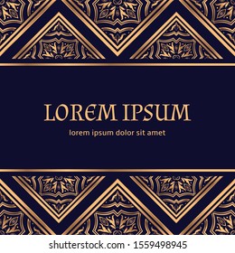 Golden luxury background vector. Arabesque tile royal pattern card template. Oriental design for Christmas beauty spa flyer, New year party invitation, wedding, save the date, Ramadan holiday.