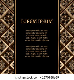 Golden luxury background vector. Arabesque tile royal pattern card template. Baroque design for Christmas beauty spa flyer, New year party invitation, wedding, save the date, Ramadan holiday.