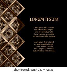 Golden luxury background vector. Arabesque tile royal pattern card template. Gold black design for Christmas beauty spa flyer, New year party invitation, wedding, save the date, Ramadan holiday.