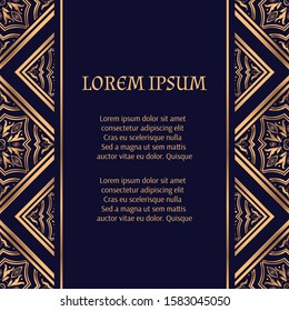 Golden luxury background vector. Arabesque tile royal pattern card template. Moroccan design for Christmas beauty spa flyer, New year party invitation, wedding, save the date, Ramadan holiday.