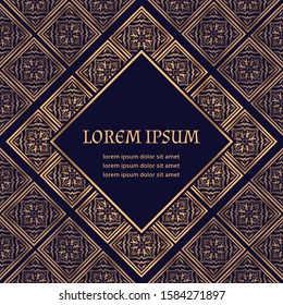 Golden luxury background vector. Arabesque tile royal pattern card template. Islamic design for Christmas beauty spa flyer, New year party invitation, wedding, save the date, Ramadan holiday.