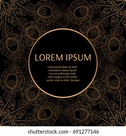 Golden luxury background vector. Gold black peacock pattern frame design. Feather ornament for wedding party invitation, fashion cover, spa beauty, bridal or yoga salon flyer, christmas holiday cards.