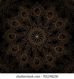 Golden luxury background vector. Gold black peacock feather pattern design. Mandala ornament for wedding party invitation, spa beauty, yoga salon, wallpaper, bridal fashion and holiday cards.