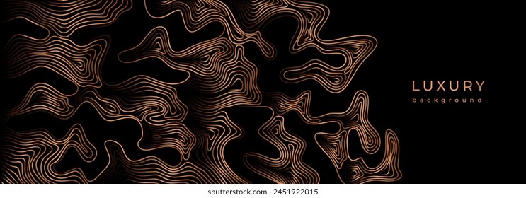 Golden luxury banner with wavy pattern. Black background with gold lines. Flowing liquid texture. Relief lines. Graphic stains. Contour of wood trunk rings. Wood grain texture. Bronze curves