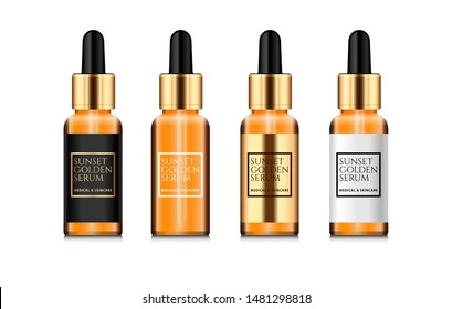 golden luxury beauty cosmetic serum medical skincare of dropper bottle, oil liquid essential collagen mock up, vector illustration, anti-aging facial medicine healthcare, fashion and makeup concept