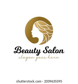 golden luxury beauty face with hair stylist, hairdresser, hair cut, long hair beauty logo for salon