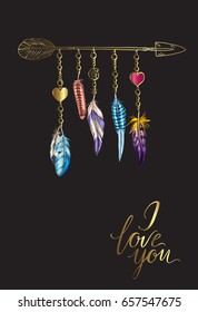 Golden luxury Bo ho elements. Vector illustration with feathers, arrow and chains. Ornamental bird feathers isolated on black. I love you lettering