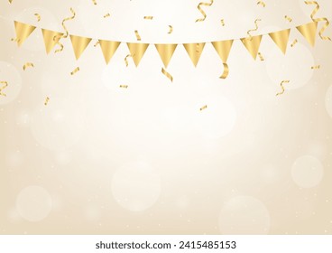 Golden Luxury Bokeh Background with Party Flag and Confetti. Party Background for Party, Birthday, Celebration or Anniversary. Vector Illustration on White Background. 