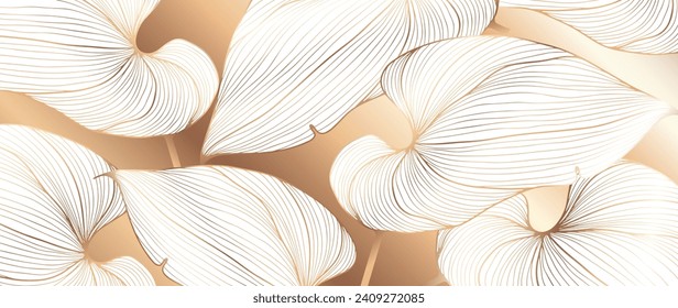 Golden luxury botanical background with white large leaves.