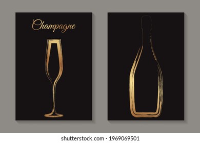 Golden luxury bottle and glass of champagne in grunge style on a black background for tasting invitation or bar and restaurant menu or banner or logo.