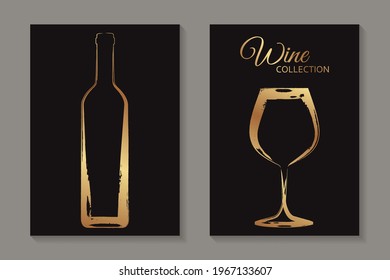 Golden luxury bottle of wine and glass in grunge style on a black background for tasting invitation or bar and restaurant menu or banner or logo.