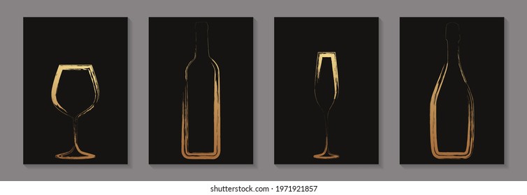 Golden luxury bottles and glasses of wine and champagne in grunge style on a black background for tasting invitation or bar and restaurant menu or banner or logo.