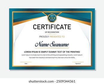 golden luxury certificate design template. modern and simple Certificate Design. 
green and gold geometric effect achievement certificate template . soft design. eps 10 Vector Formats. Vector  design.