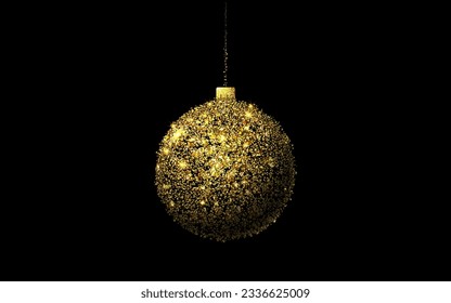 Golden luxury Christmas ball isolated on black background. Bright glowing noel ball with glitter effect. Merry Christmas decoration design. Xmas bauble. Vector illustration
