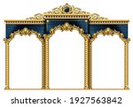 Golden luxury classic arch with columns. The portal in Baroque style. The entrance to the fairy Palace