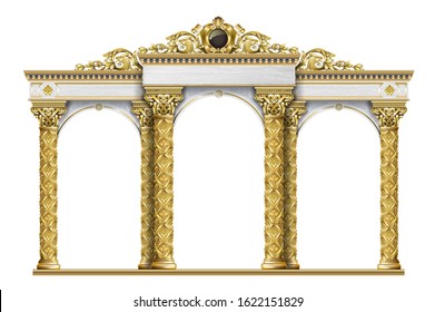 Golden luxury classic arch with columns. The portal in Baroque style. The entrance to the fairy Palace
