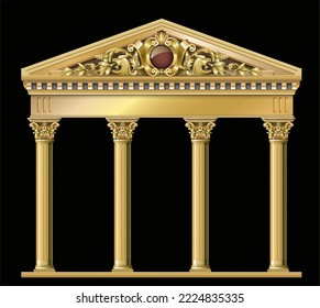 Golden luxury classic arch with columns. Thefacade arcades portal in Baroque style. The entrance to the fairy Palace.