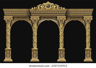 Golden luxury classic arch with columns. The portal in Baroque style. The entrance to the fairy Palace