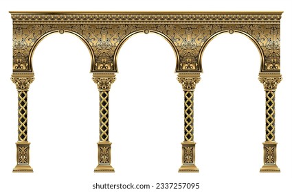 Arco clásico de lujo dorado con columnas. El portal de estilo barroco. La entrada al hada del Palacio de las Hadas