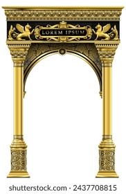 Golden luxury classic arch with columns. The portal in Baroque style. Classic arch with golden griffins. Triumphal Arch. Casino.