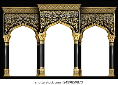 Golden luxury classic arch with columns. The portal in Baroque style. The entrance to the fairy Palace. Triumphal Arch. Casino.