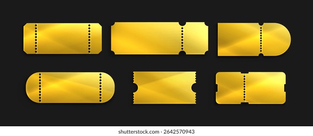 Golden luxury coupon templates collection - shiny metallic tickets with perforated edges, premium voucher designs. Elegant discount cards for exclusive offers, gift certificates or special events.