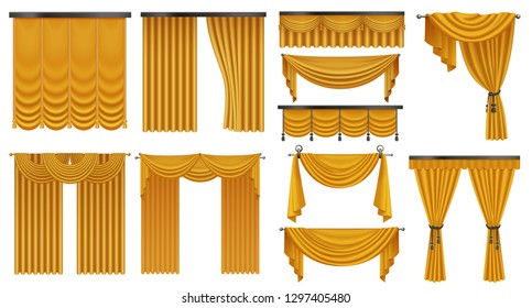 Golden luxury Curtains and draperies interior decoration set isolated vector illustration.