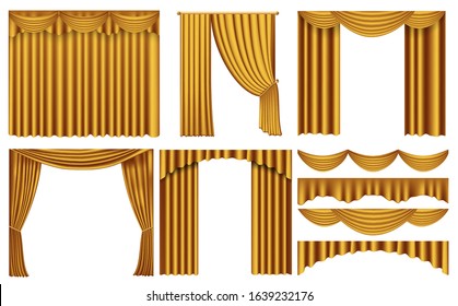 Golden luxury curtains and draperies interior decoration. Set of realistic luxury curtains of gold fabric on cornices. Elegance gold curtain. collection of gold satin curtain for the theater scene