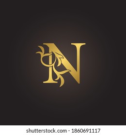 Golden luxury Decoration Leaf N Letter Initial Logo Concept Monogram Leaf Ornate Decorative Vector Design