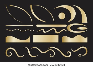 Golden, luxury decorative element set, shiny line, swirl, curvy line, swoosh, swipe, wavy and more for card, banner, poster and more