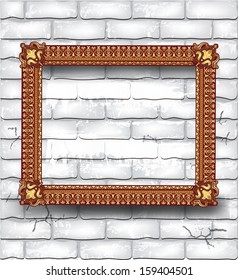 Golden luxury empty frame on the white brick wall