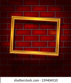 Golden luxury empty frame on the red  brick wall